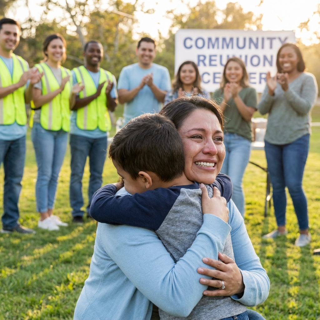 Emotional reunion scene: a mother finding her lost child with a support team in the background
